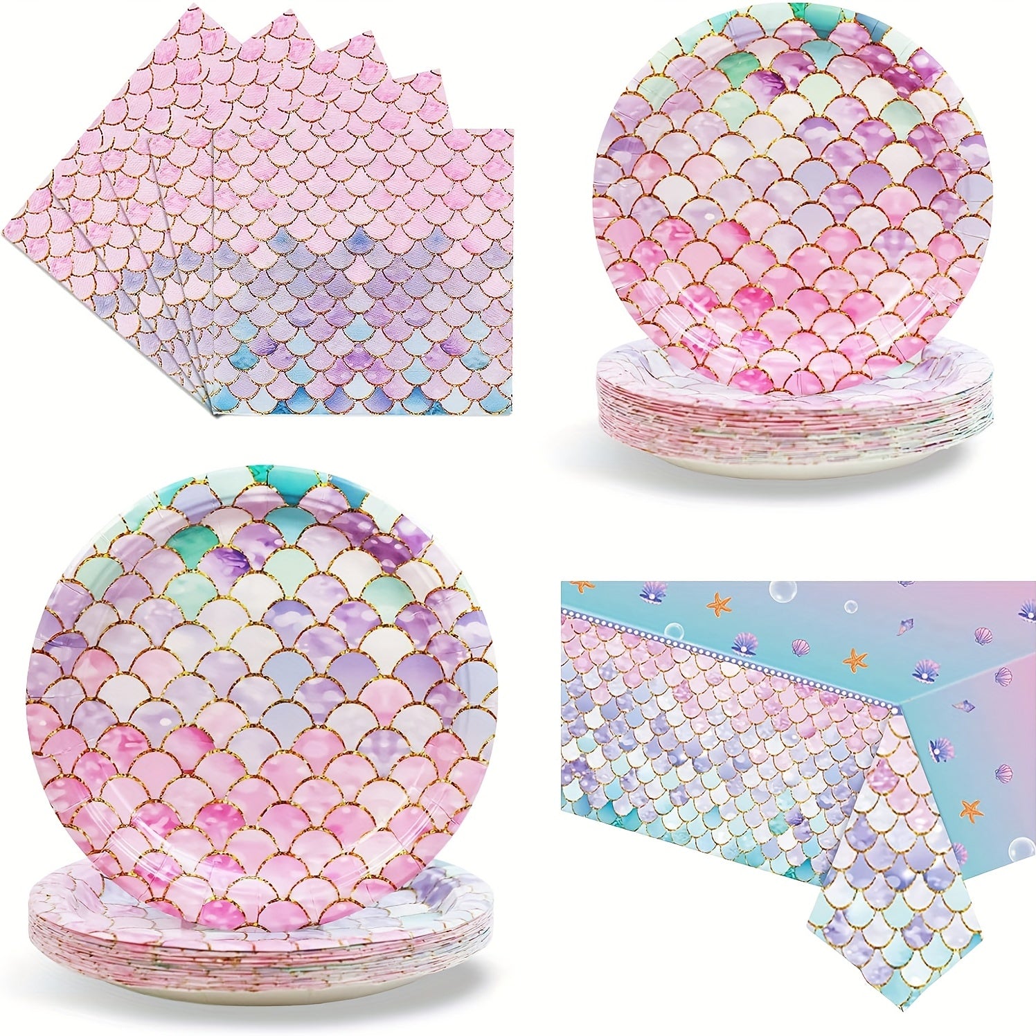 Mermaid Party Tableware Set - Plates Cups Napkins Banner Tablecloth