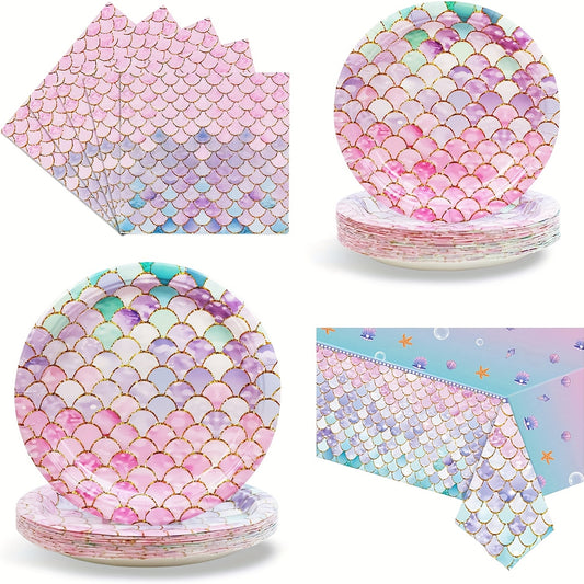 Mermaid Party Tableware Set - Plates Cups Napkins Banner Tablecloth