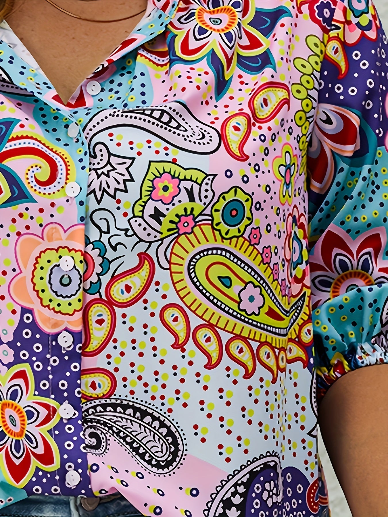  Paisley Floral Boho Blouse Button Up Mock Neck Shirt