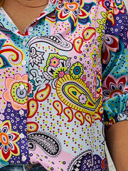  Paisley Floral Boho Blouse Button Up Mock Neck Shirt