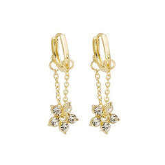 Rhinestone Flower Drop Earrings 18K Plated Hoop Huggie Ear Buckle Decor