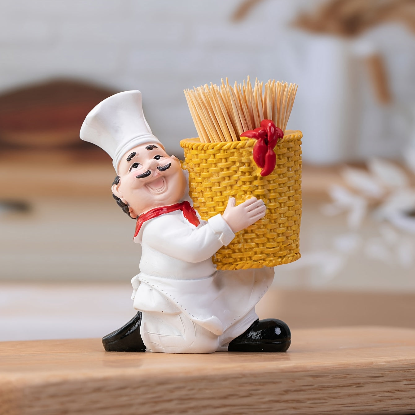 Chef Toothpick Holder in Bamboo Basket for Home Bar Cafe Decor