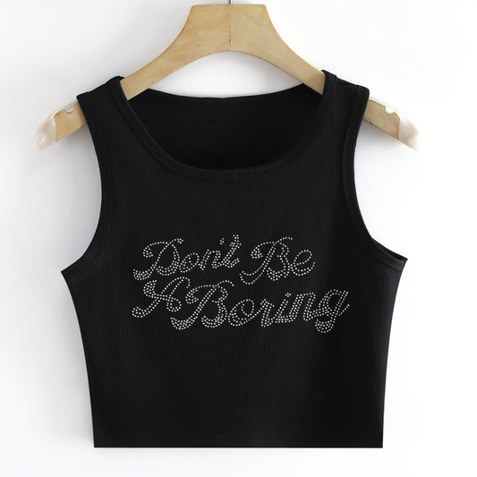 Rhinestone Letter Crop Tank Top Basic Stretch Summer Gym Yoga Tank Top