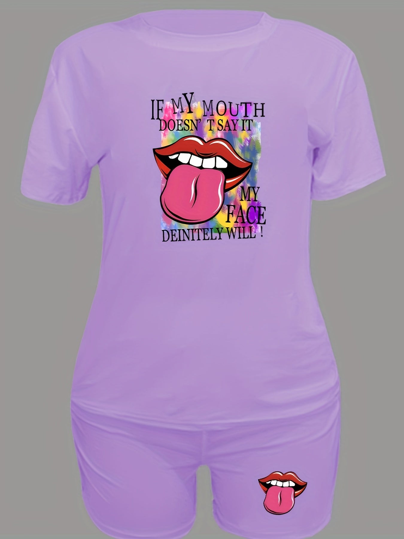 Lips Print Casual Two piece Set Crew Neck Short Sleeve Tee & Slim Shorts Outfits