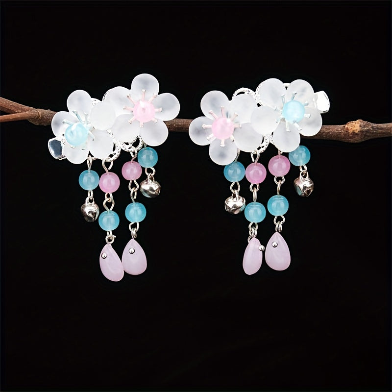 Crystal Inlaid Flower Hair Clip with Bell Pendant