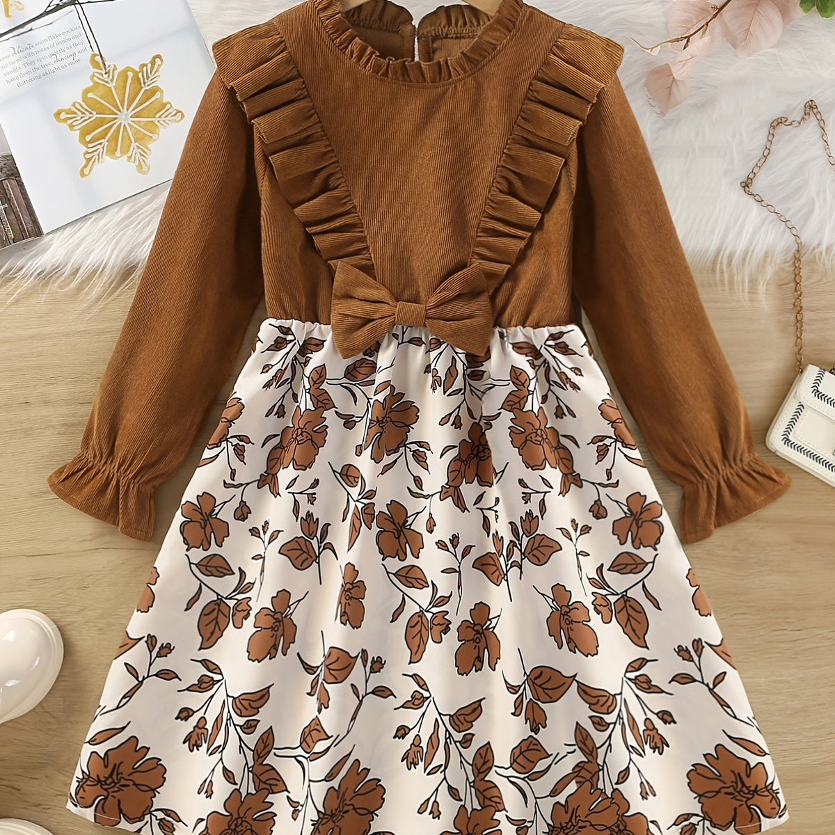 Girls Ribbed Ruffle Dress Floral Print Long Sleeve Round Neck Kids Clothes