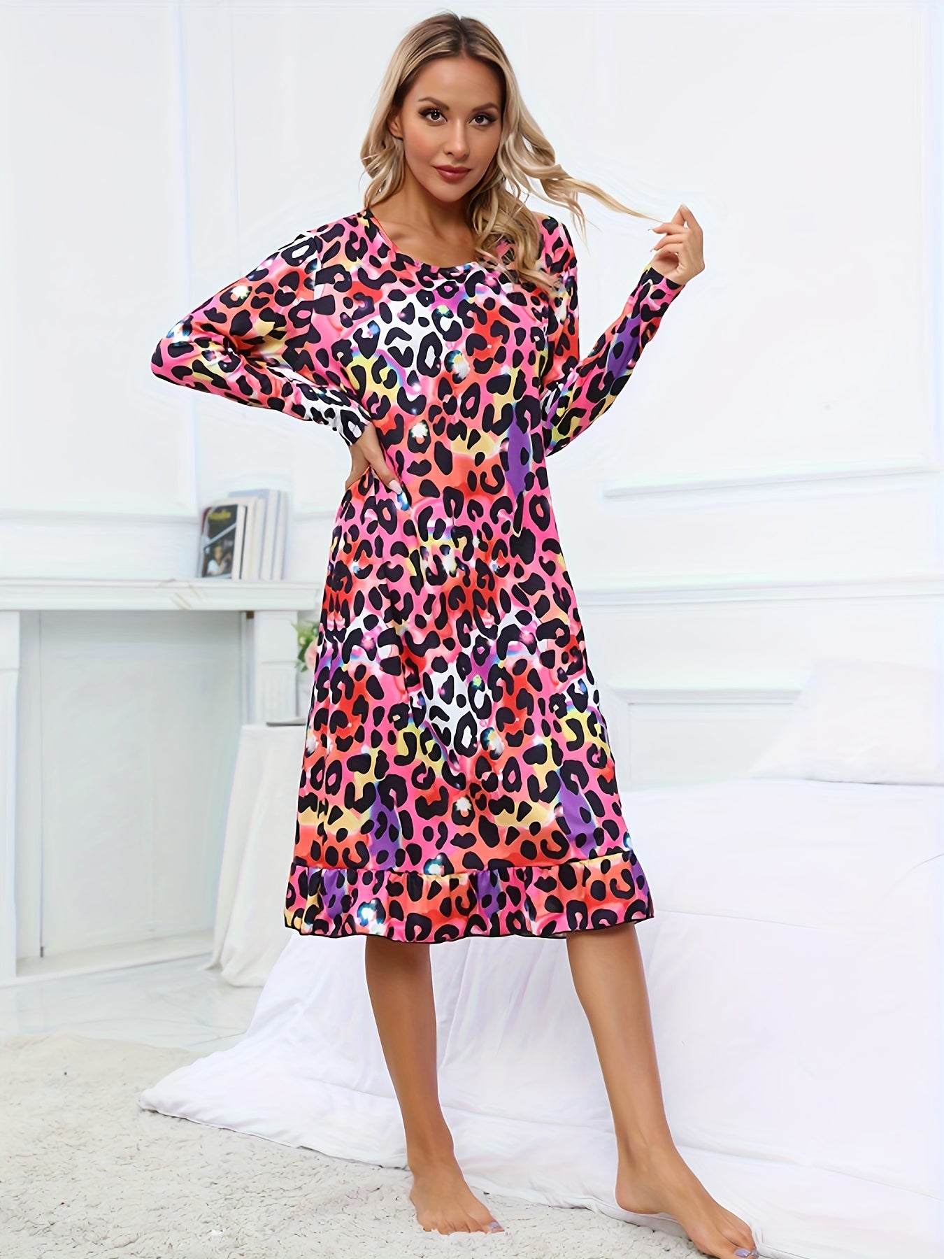 Leopard Lounge Dress Ruffle Home Dress Women's Loungewear