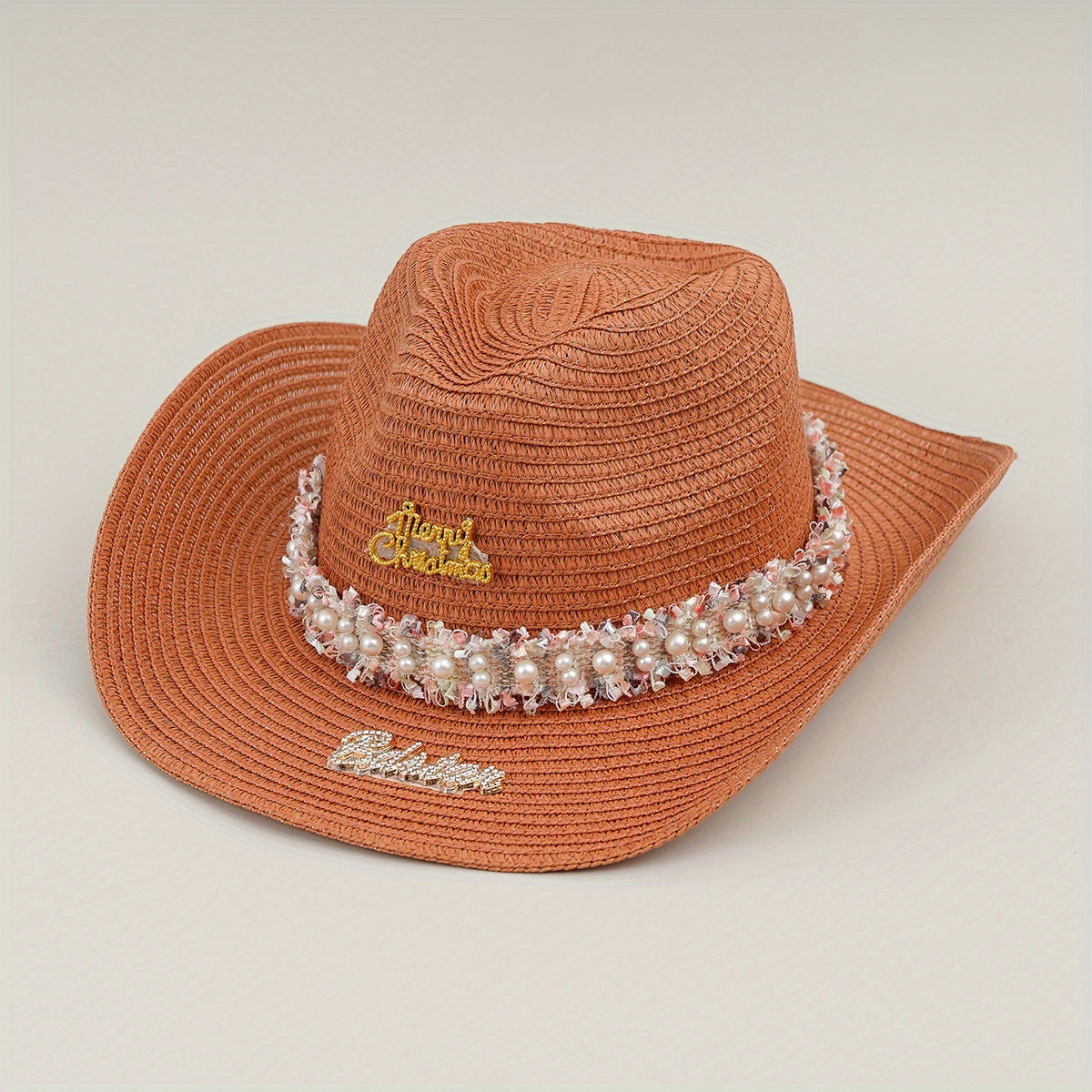 Rhinestone Bride Cowboy Hat Faux Pearl Lace Hatband Decor Straw Jazz Hat
