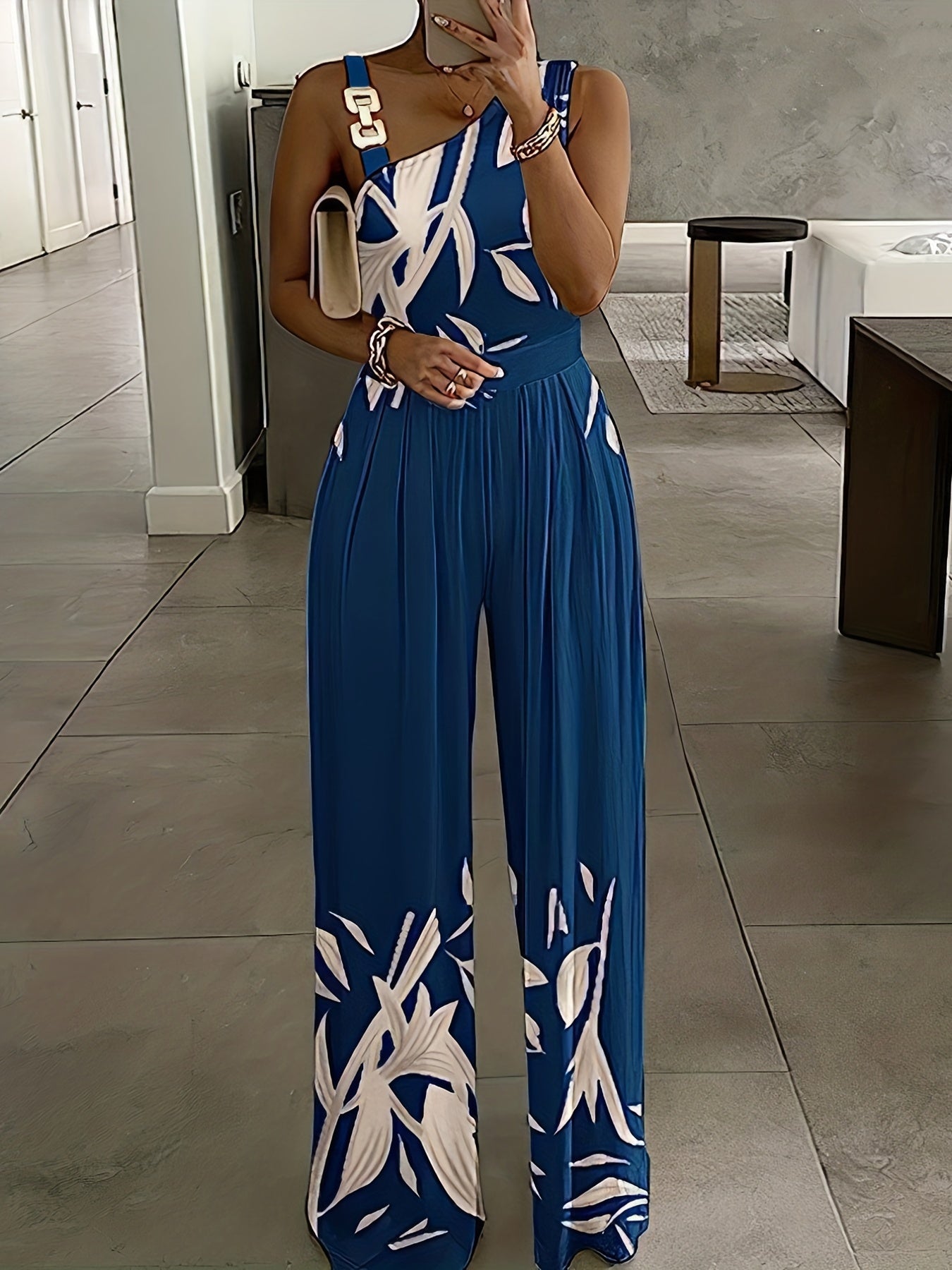 Floral Print Wide Leg Jumpsuit with Chain Straps