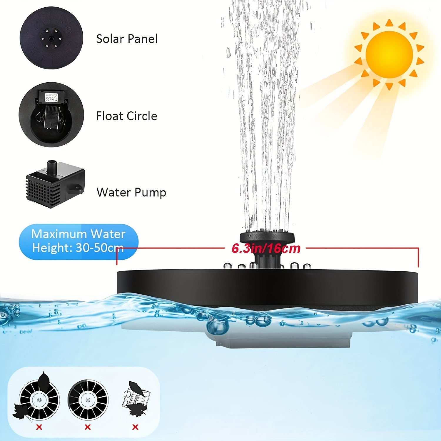 Solar Fountain Pump For Bird Bath 3W 6 Nozzles LED Light