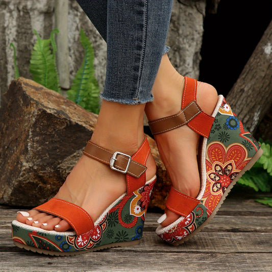 Women's Floral Print Wedge Sandals Colorful Open Toe Buckle Strap Heels