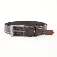 Hand Sewn Embossed Cowhide Gun Square Buckle Casual Deep Coffee Belt