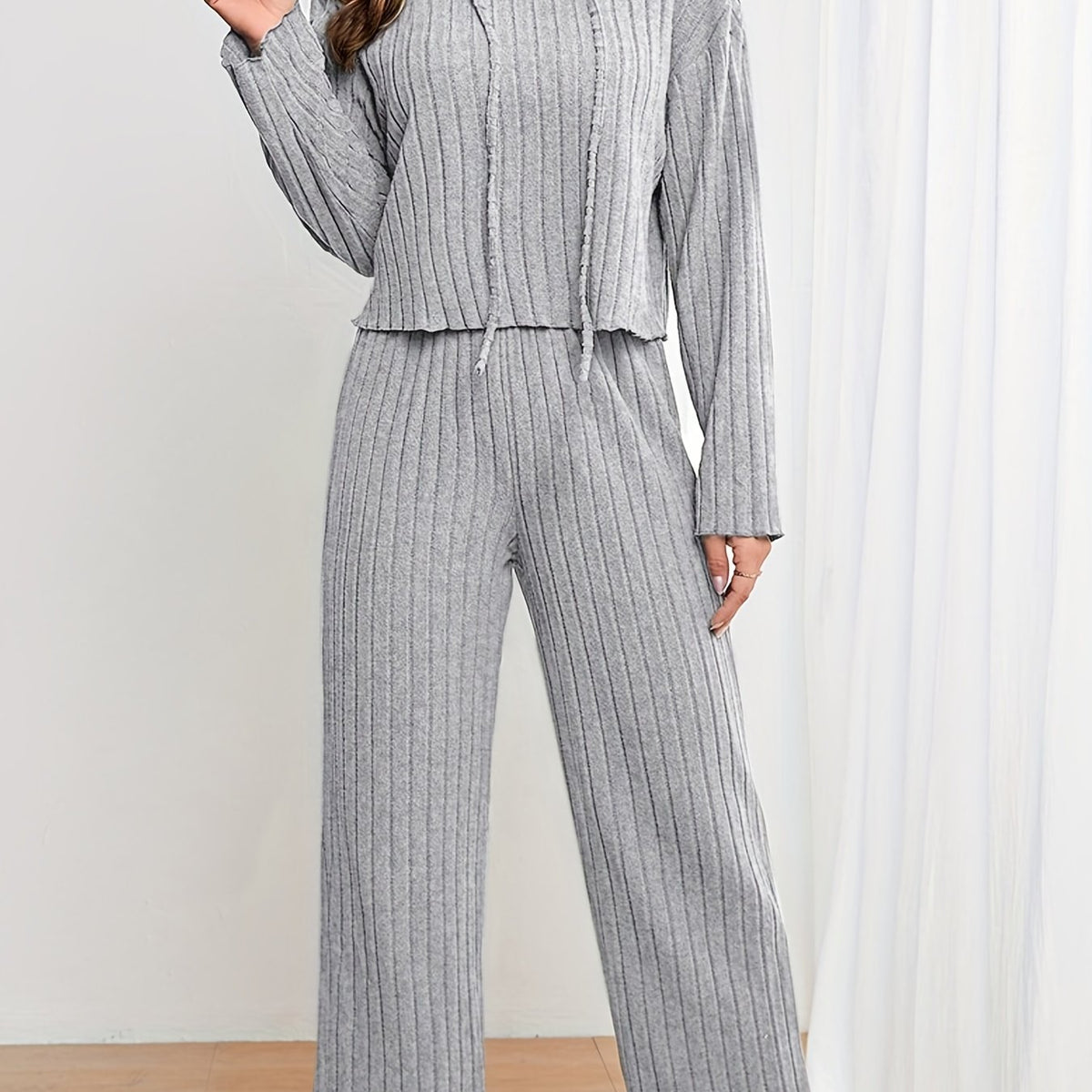 Solid Knit 2pc Set Hoodie & Wide Leg Pants