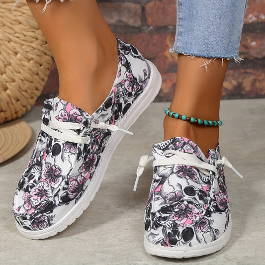 Women's Skull & Flower Print Canvas Shoes Low Top Sneakers Lightweight