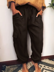  Solid Elastic Drawstring High Rise Tapered Leg Pants