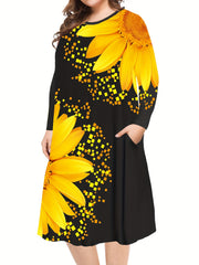  Sunflower Print Long Sleeve Midi Dress with Pockets