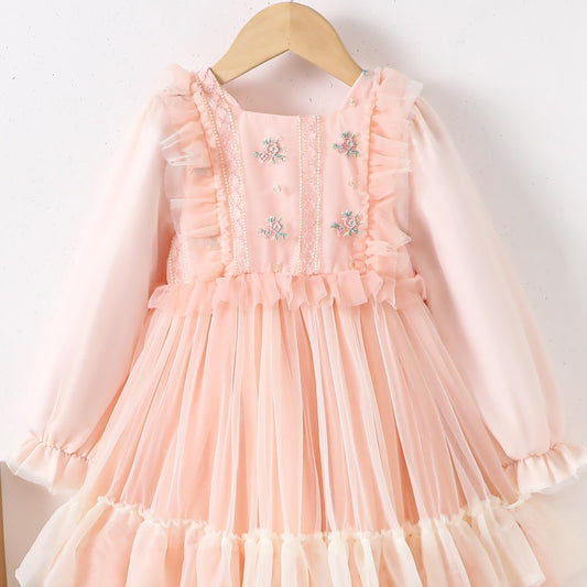 Embroidered Flutter Trim Mesh Dress for Girls