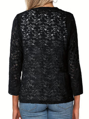 Solid Lace Open Front Top Long Sleeve Flower Pattern Top