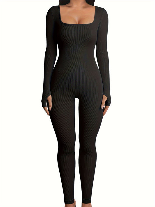 Ribbed Yoga Jumpsuit Seamless Slim Fit Long Sleeve Activewear