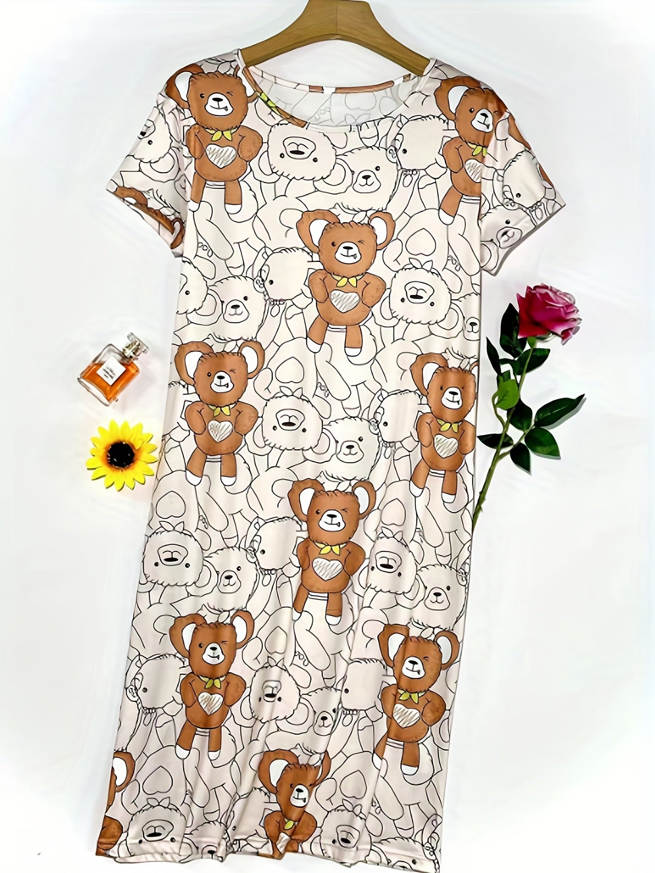  Teddy Bear Print Round Neck Nightdress