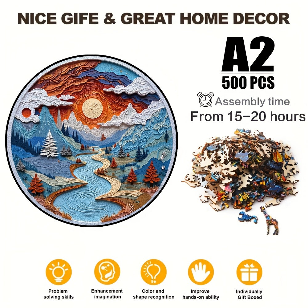 500pcs A2 Wooden Jigsaw Puzzle Sunset Landscape Unique Shaped Pieces