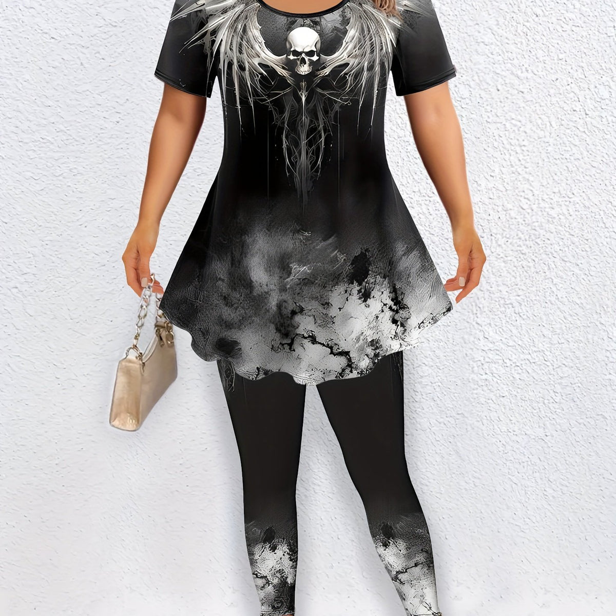 Women's Plus Size Skull Print Tie Dye Tunic Top & Leggings Set