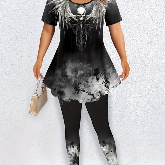Women's Plus Size Skull Print Tie Dye Tunic Top & Leggings Set