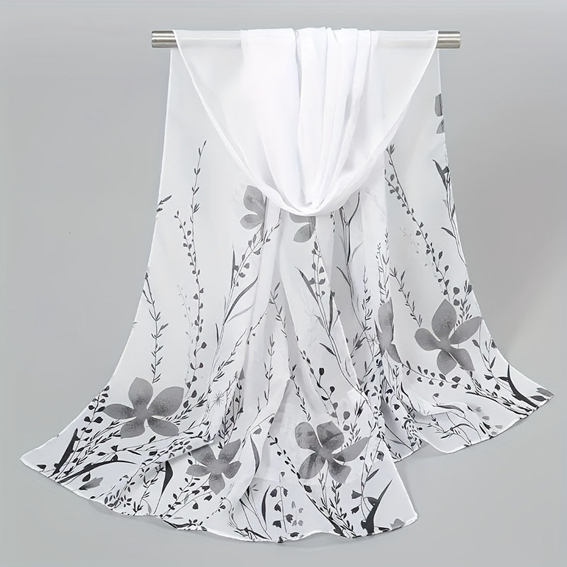 Flower Print Chiffon Scarf Solid Classic Thin Shawl Breathable Gauze Head Wrap