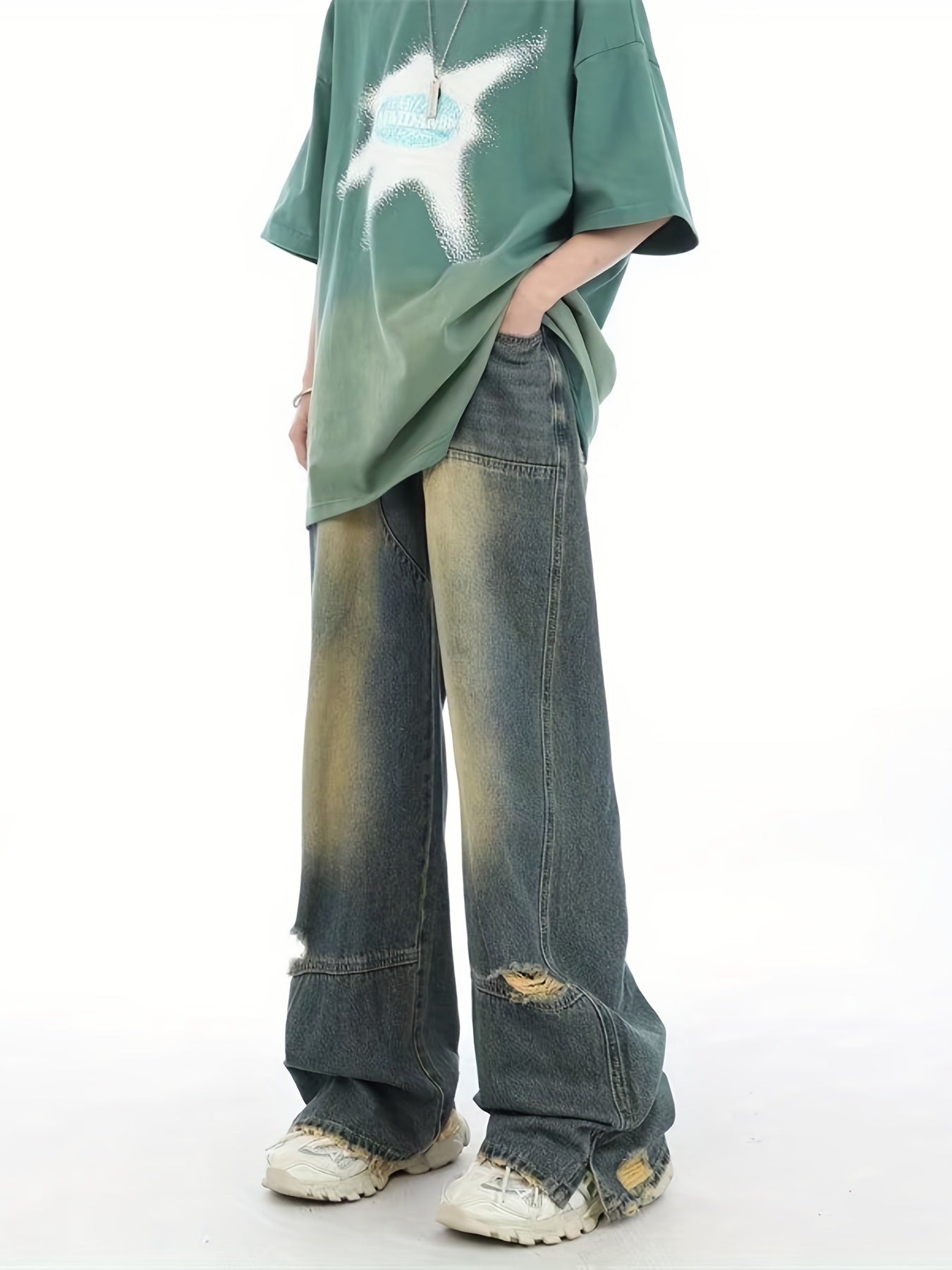 Men's Hip Hop Wide Leg Distressed Denim Pants