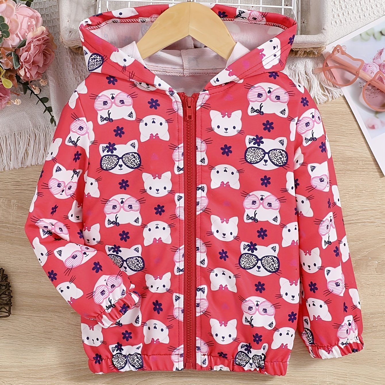 Girls Cartoon Kitten Print Hooded Windbreaker Jacket