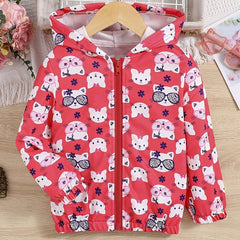 Girls Cartoon Kitten Print Hooded Windbreaker Jacket