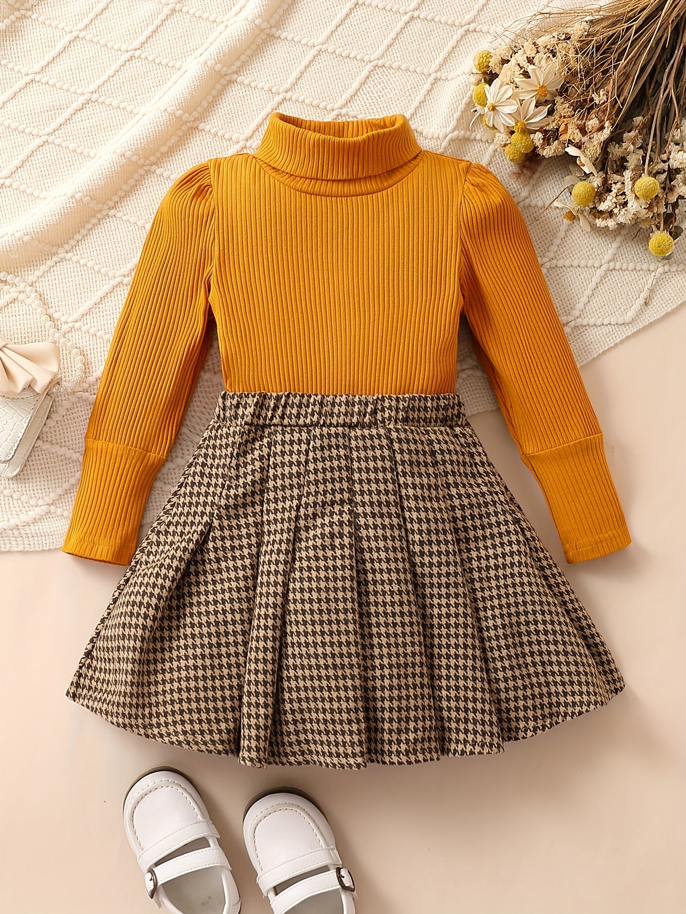 Girl's Preppy Style Turtleneck Top & Houndstooth Skirt Set