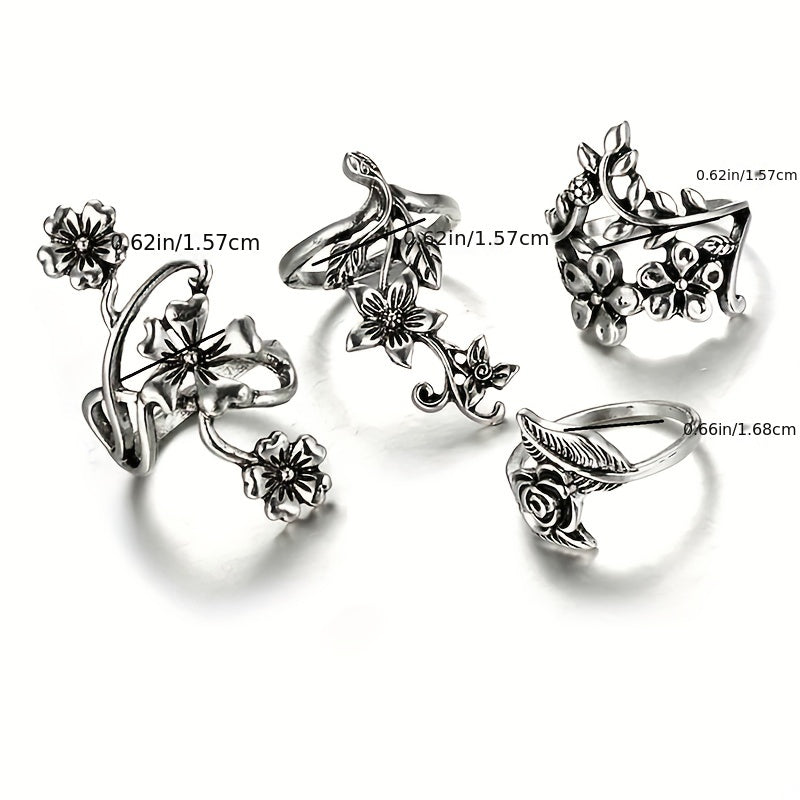 Boho Flower Stackable Leaf Finger Rings Set of 4