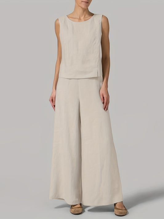 Solid Two-Piece Set Crew Neck Tank Top & Wide Leg Pants