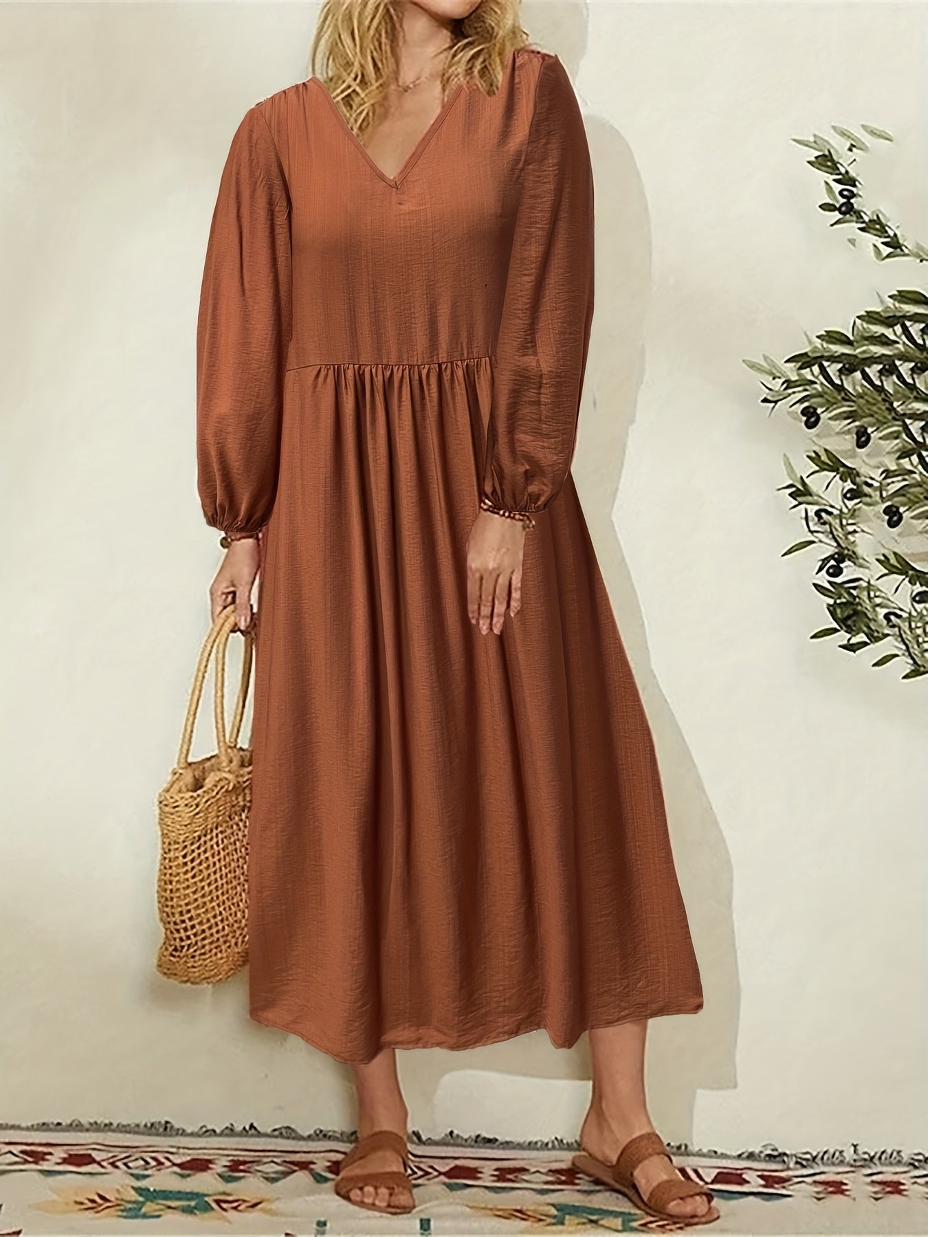  Casual Maxi Dress Solid Lantern Sleeve V Neck