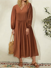  Casual Maxi Dress Solid Lantern Sleeve V Neck