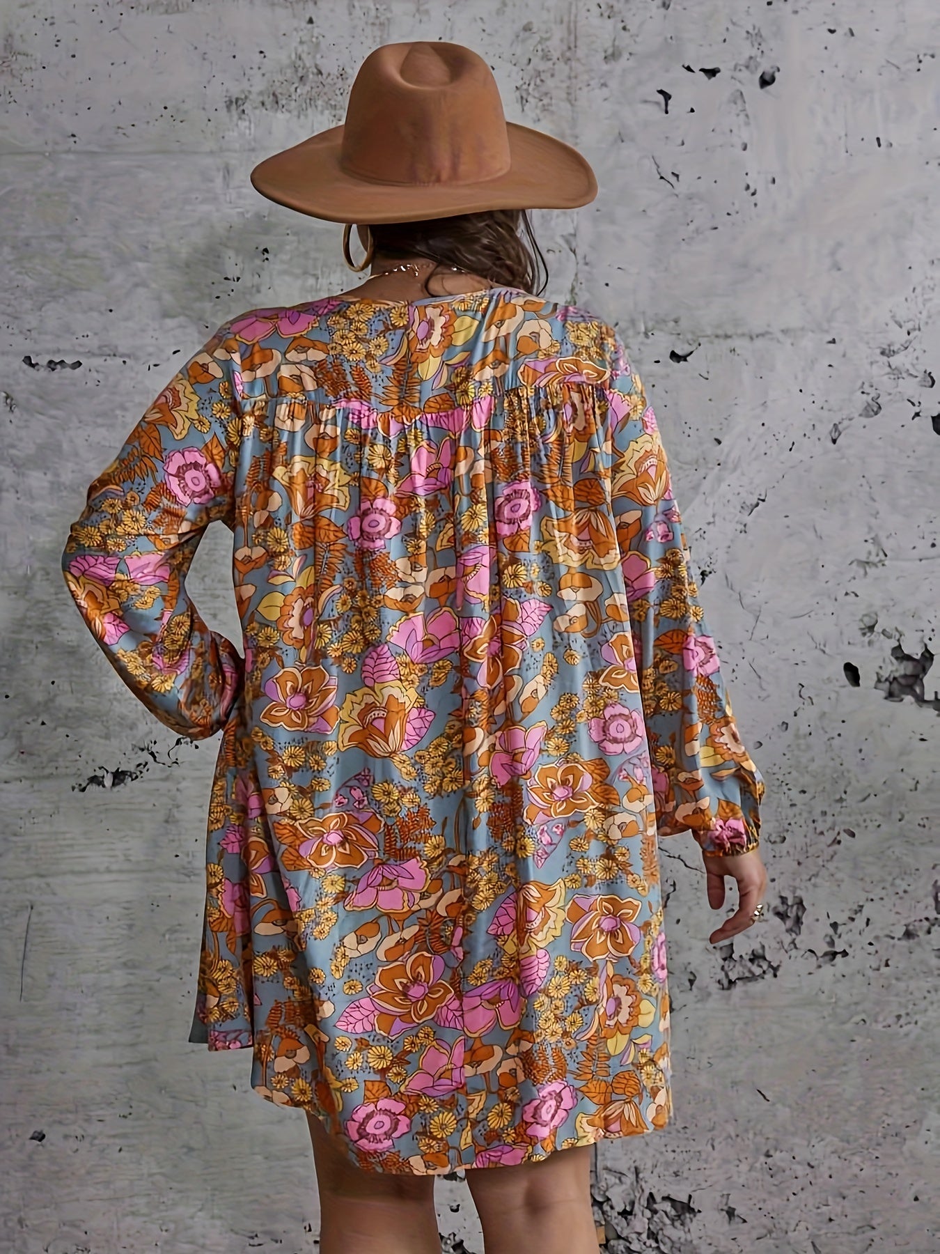 Plus Size Floral Lantern Sleeve Boho Dress
