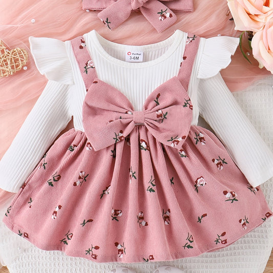 2pcs Floral Print Big Bow Baby Girl Dress With Headband Set