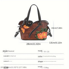 Women's Floral Embossed Leather Crossbody Bag Ethnic Style Coffee & Yellow
