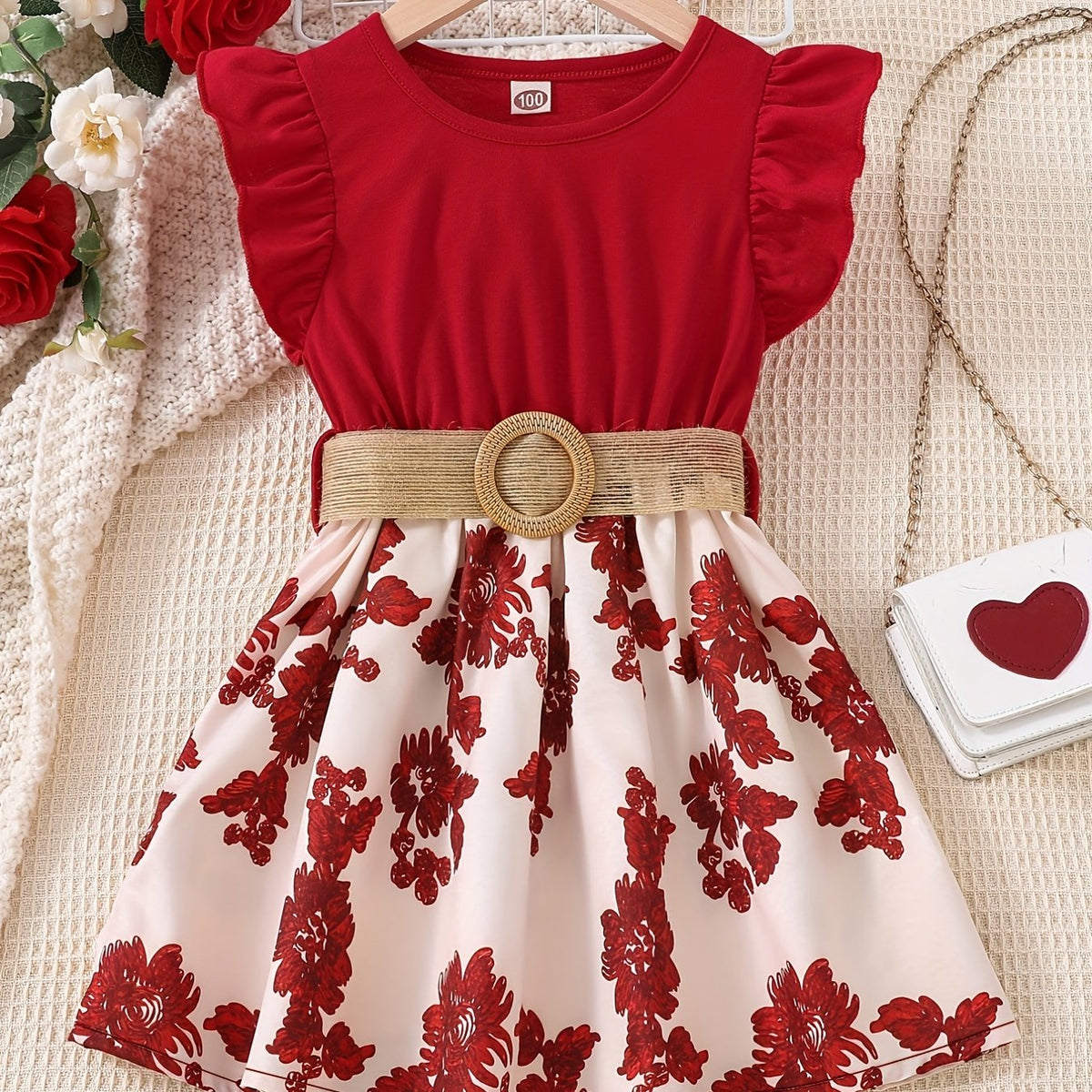 Girls Sleeveless Ruffle Crew Neck Flowers Print Splicing Princess Dress