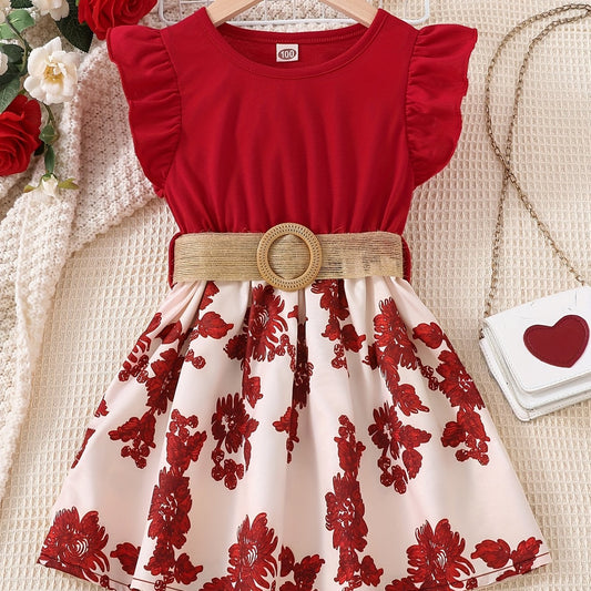 Girls Sleeveless Ruffle Crew Neck Flowers Print Splicing Princess Dress