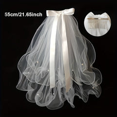 Bridal Veil with Satin Ribbon and Hair Clip for Wedding Accessory