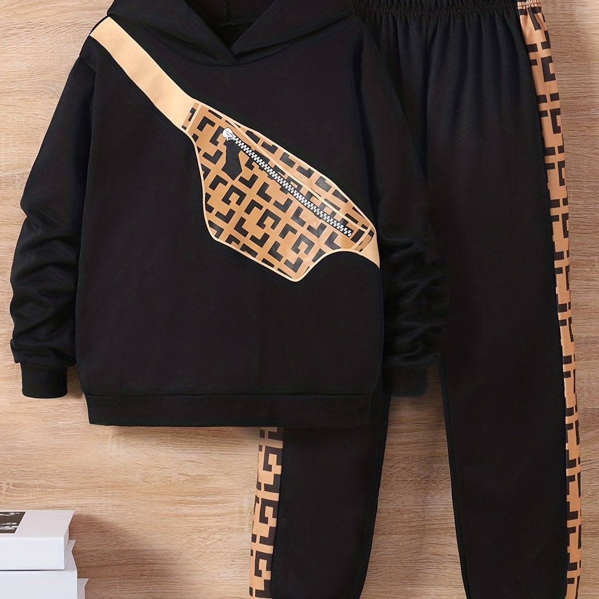 Boys 2pcs Hoodie & Pants Crossbody Bag Print Sweatshirt Casual Kids Clothes
