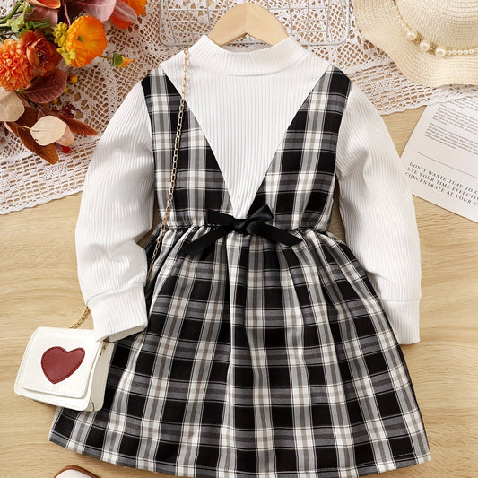 Toddler Girls Plaid Casual Dress Set with Bow