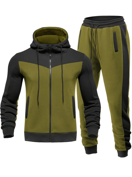 Men's Hooded Zip Jacket and Drawstring Sweatpants Set for Spring/Autumn