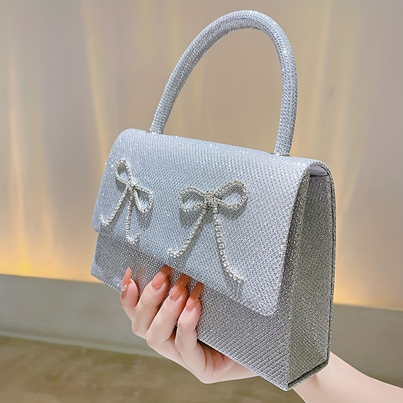 Rhinestone Bow Chain Satchel Bag Textured PU Flap Celebrity Evening Bag