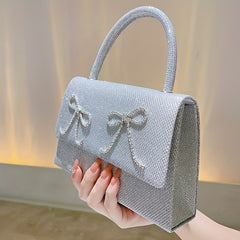 Rhinestone Bow Chain Satchel Bag Textured PU Flap Celebrity Evening Bag