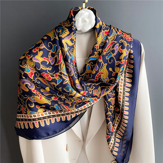 Vintage Large Square Silk Scarf Colorful Print Satin Bandana 43 31