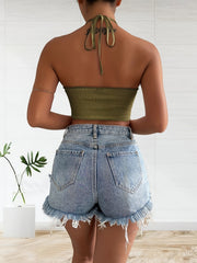 Cross Front Halter Crop Top Tie Back Summer Sleeveless