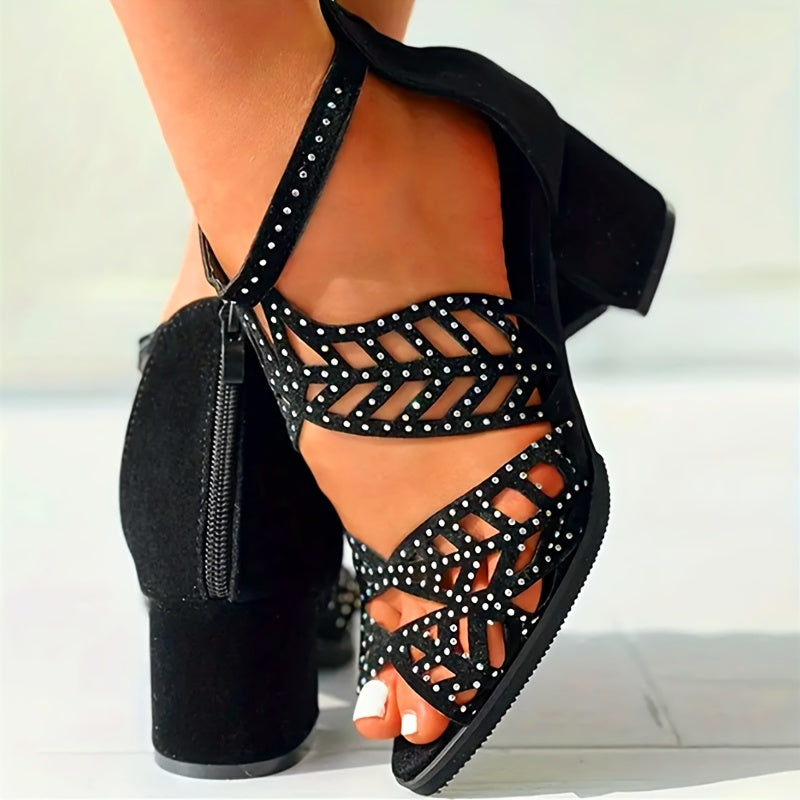 Rhinestone Block Heel Sandals Back Zipper Dress Pumps